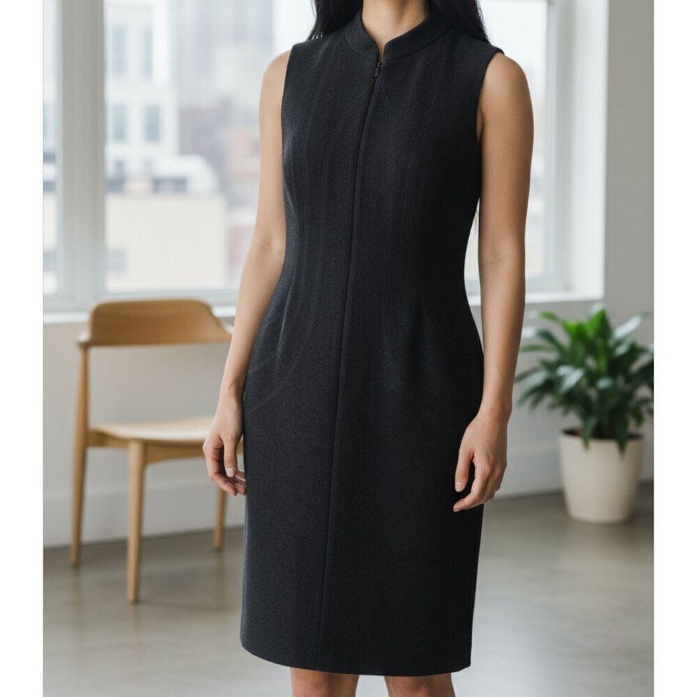 Sleek ARMANI COLLEZIONI Black Wool Crepe Sleeveless Zip Front Dress Size 6